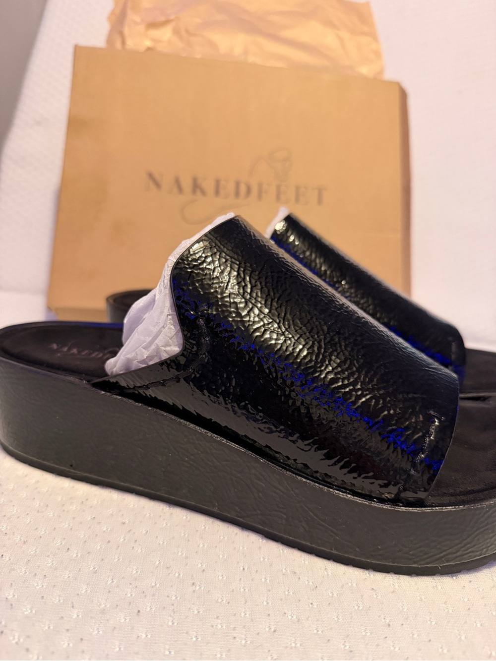 Naked Feet Black Patent Platform Slide Clogs